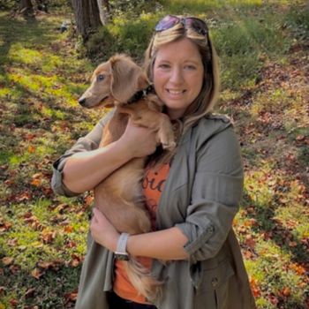 vet staff affectionately holding a dog